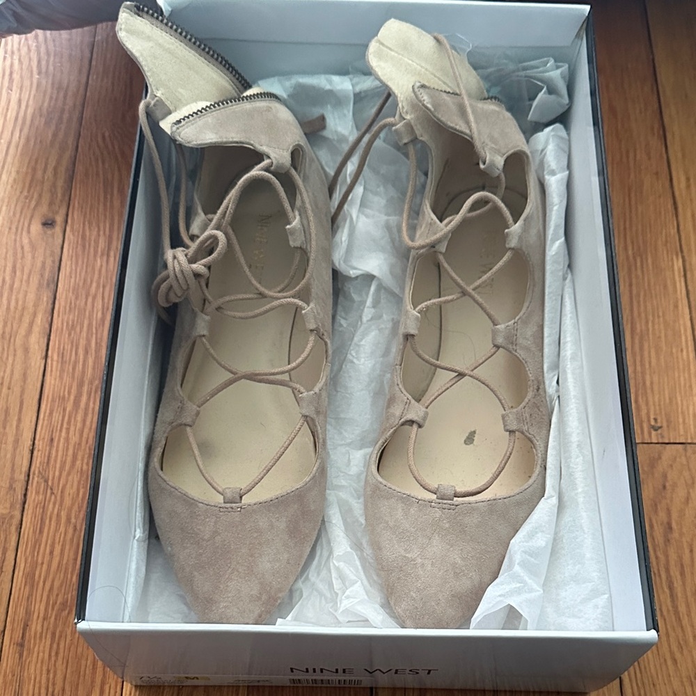 Nine West Beige Lace-Up Flats